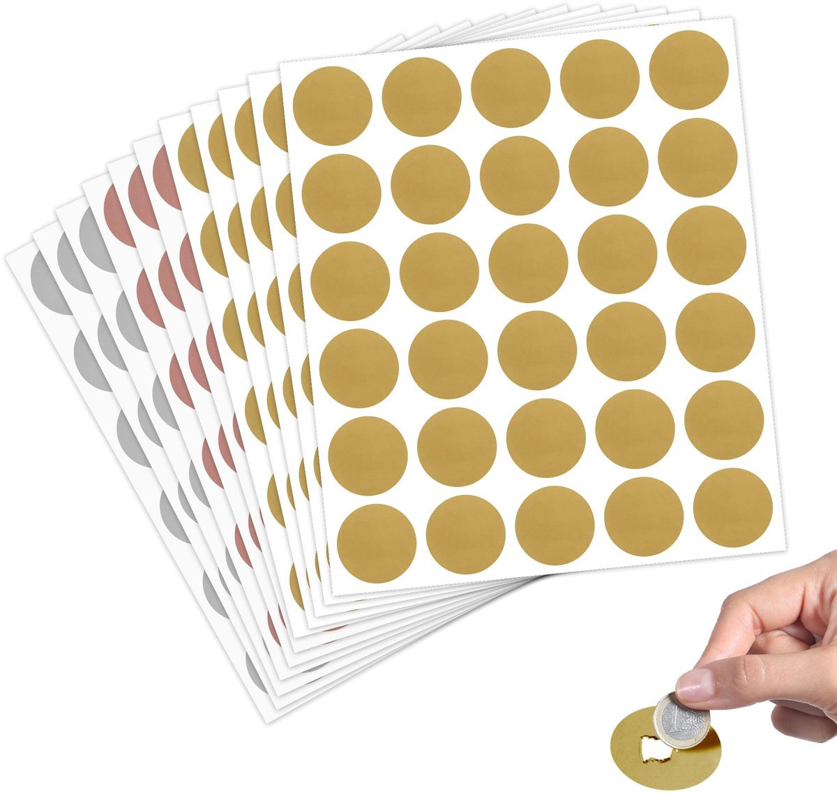 Krasstickers, 330 stuks, 25 mm, ronde krasstickers, krasloze stickers voor verrassing, geschikt voor ansichtkaarten, geschenken (goud/zilver/roségoud)