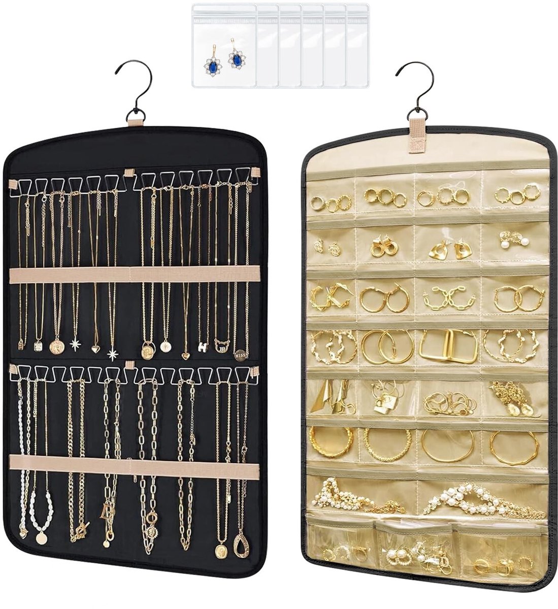 Dailygoods - Aucuu Sieradenorganizer om op te hangen, hangende sieradenorganizer voor kast, dubbelzijdige opslag voor sieraden, oorbelhouder met 29 vakken en 2 golvende haken