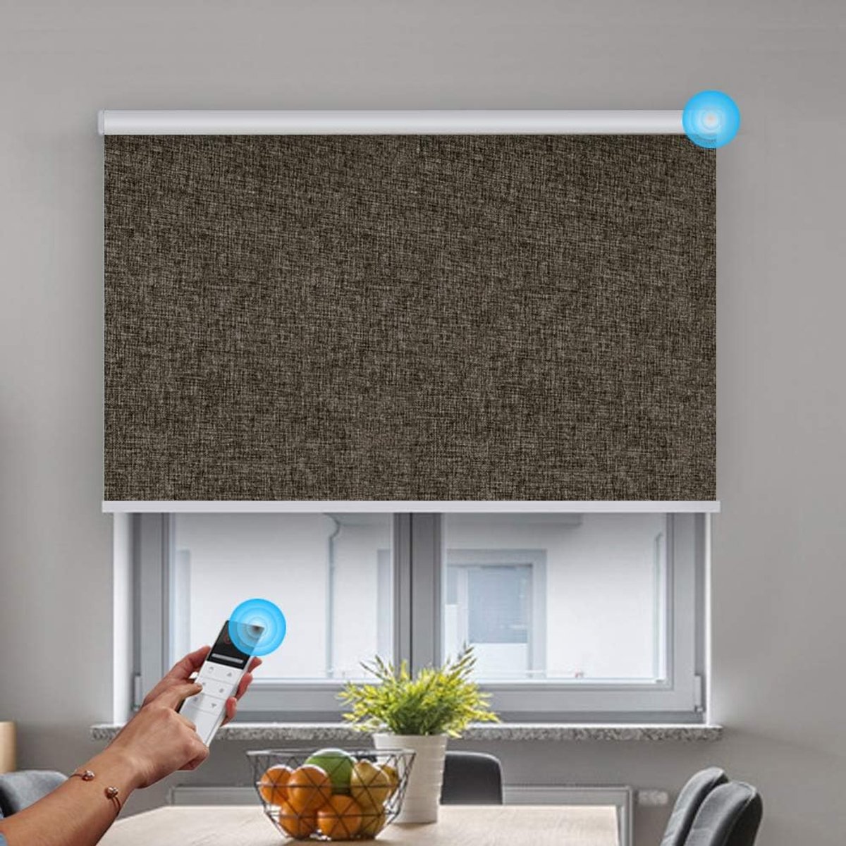 Gemotoriseerde jaloezieën - Rolgordijn stoffen - Raamdecoratie op maat - Volledig verduisterend - W180 X H230cm - Donkere koffie