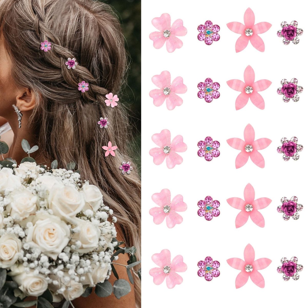 Dailygoods- Bloemenhaarspelden 20 Stuks - Mini Haarspelden - Decoratieve Haaraccessoires - Bruiloftshaarspelden - Strass Haarspelden - Duurzaam Materiaal