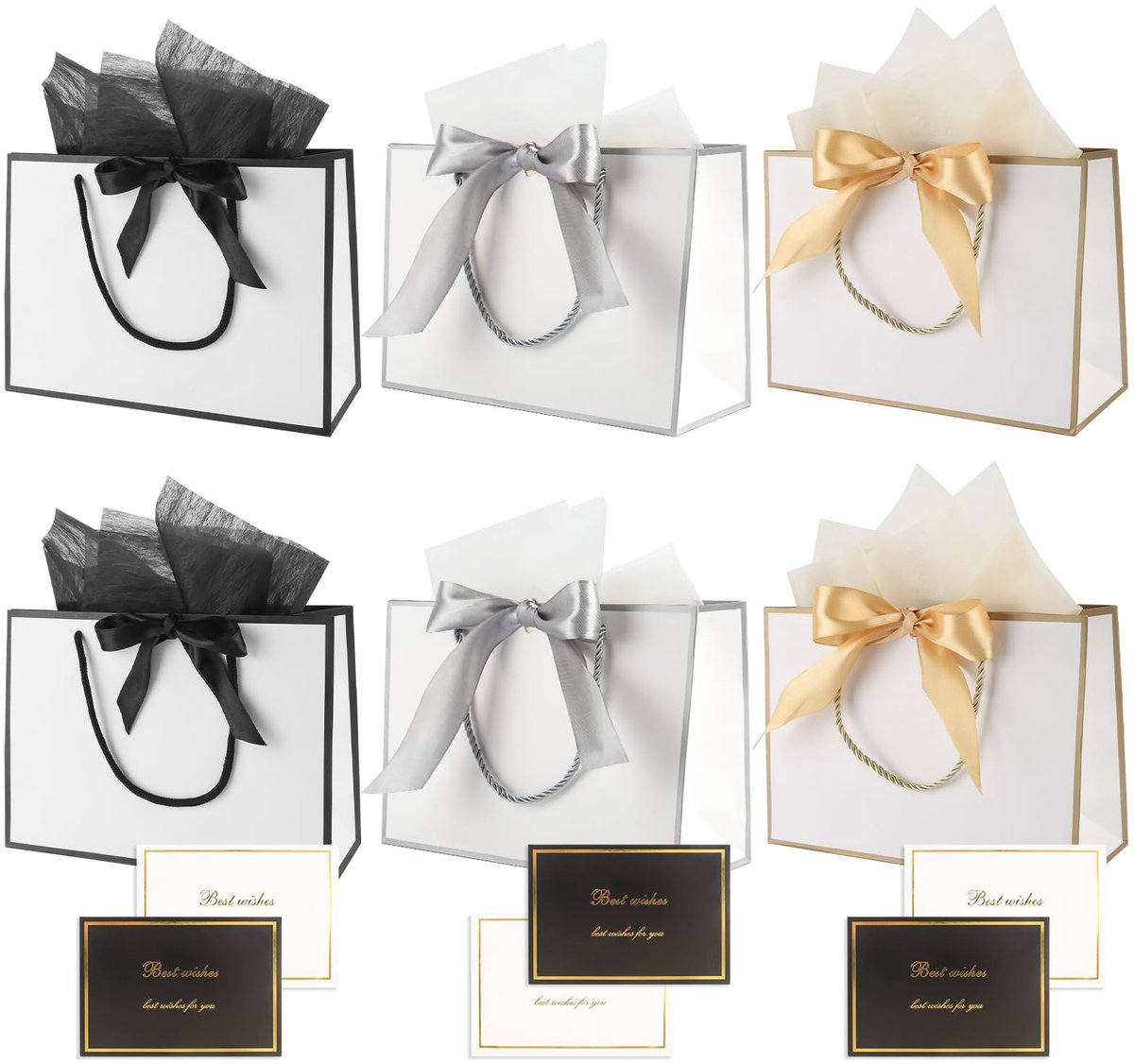 Dailygoods - 6 stuks cadeauzakjes met handvat en striklinten, groot cadeauzakje met 6 wenskaarten 12 Sydney Paper, 3 kleuren cadeauverpakking, cadeautas voor cadeau, verjaardag, feest, bruiloft