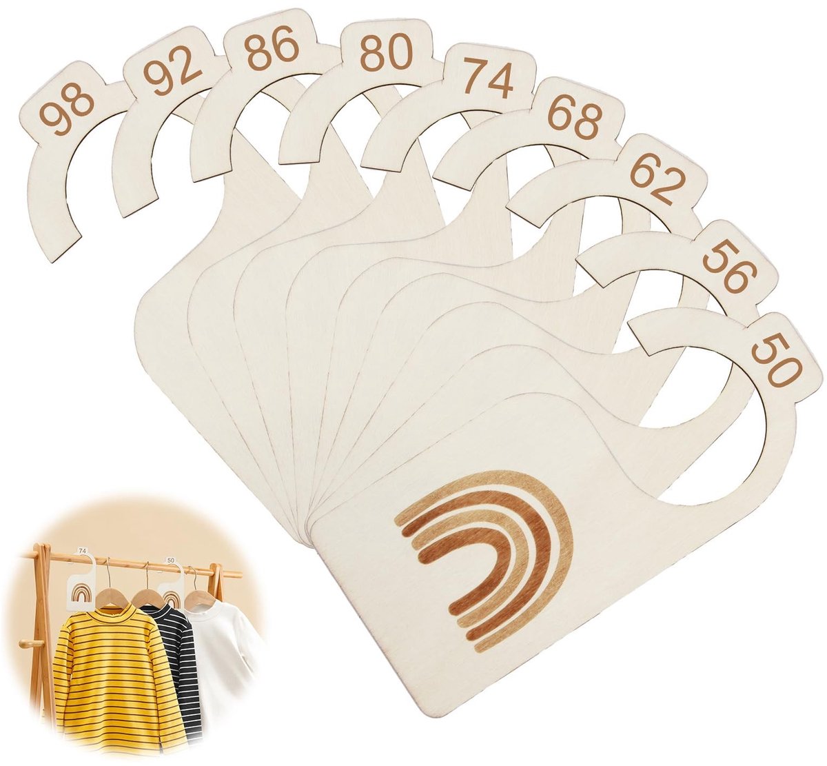 Dailygoods- Maatscheider 9 Stuks - Kledingkastverdeler - Sorteren op Duitse Maten - Babykleding - Houten - Geschikt voor Pasgeborenen - Kledingverdeler