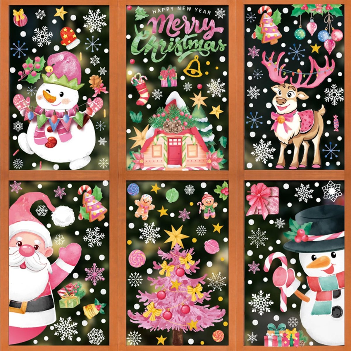 Dailygoods- Raamstickers Kerst - 6 Vellen Herbruikbare Stickers - Kerstman/Rendier/Sneeuwpop - Roze PVC - 30 x 20 cm - Statische Decals - Raamdecoratie