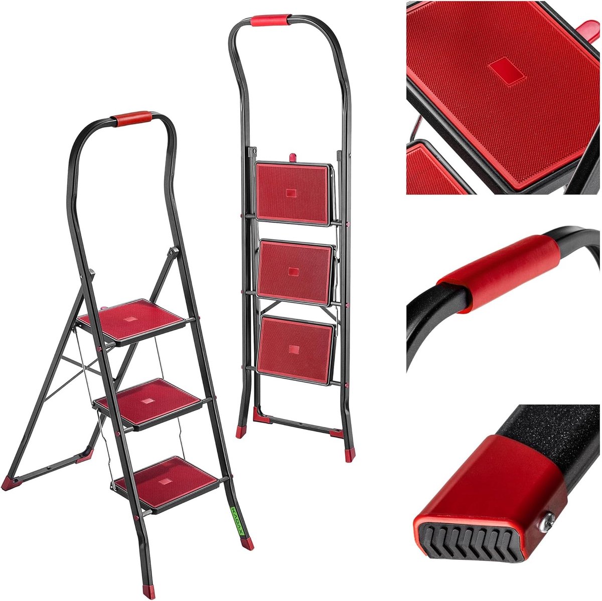 Inklapbare stalen ladder - Vouw trapladder - Veilig klussen - Met leuning - 3 treden - Zwart rood