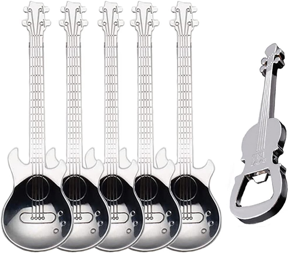 Gitaar Lepels - Muziek Lepel - Koffie Roeren - Met Opener - 12.2 cm - Zilver