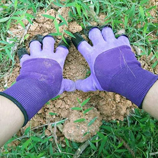 Paarse tuinhandschoenen met zwarte klauwen, gebruikt om in de aarde te graven.