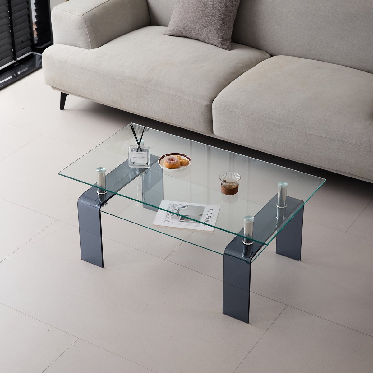 YYchan glazen salontafel van gehard glas met glazen poten - grijs - 100 x 55 x 45 cm