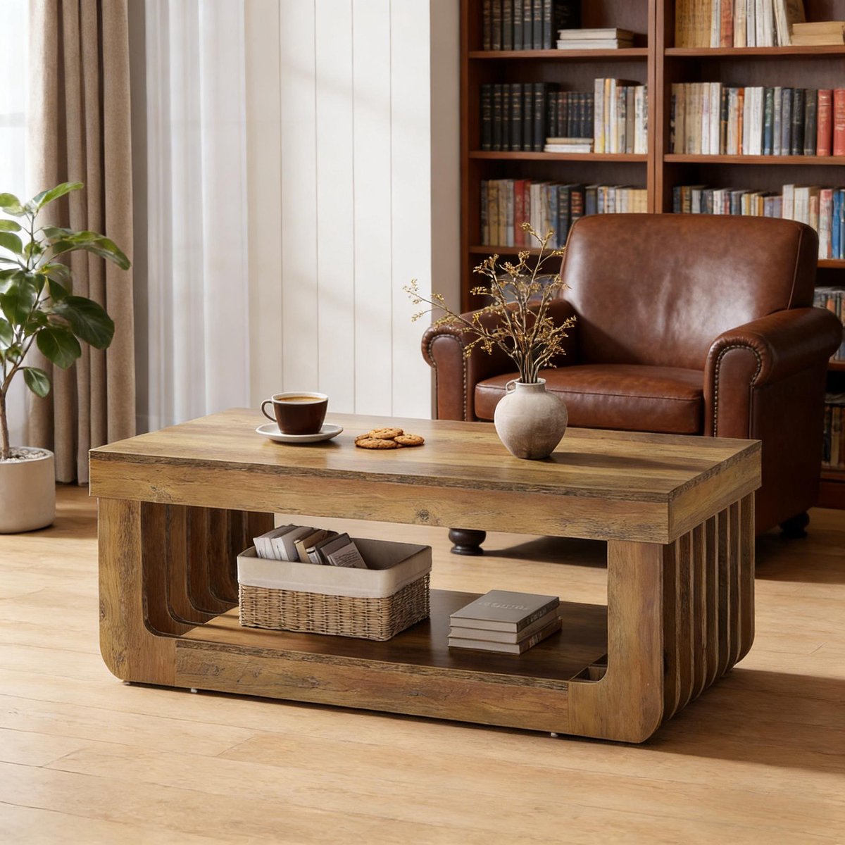 MIVRAY Salontafel - Tweelaags Met Open Opbergrek - Voor Woonkamer Of Kleine Eethoek - MDF - 120x60x45 Cm - Bruin