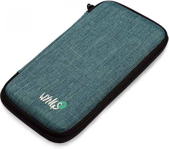 Turquoise hoes met zwarte rits en het WINGS-logo met een groen hartje.