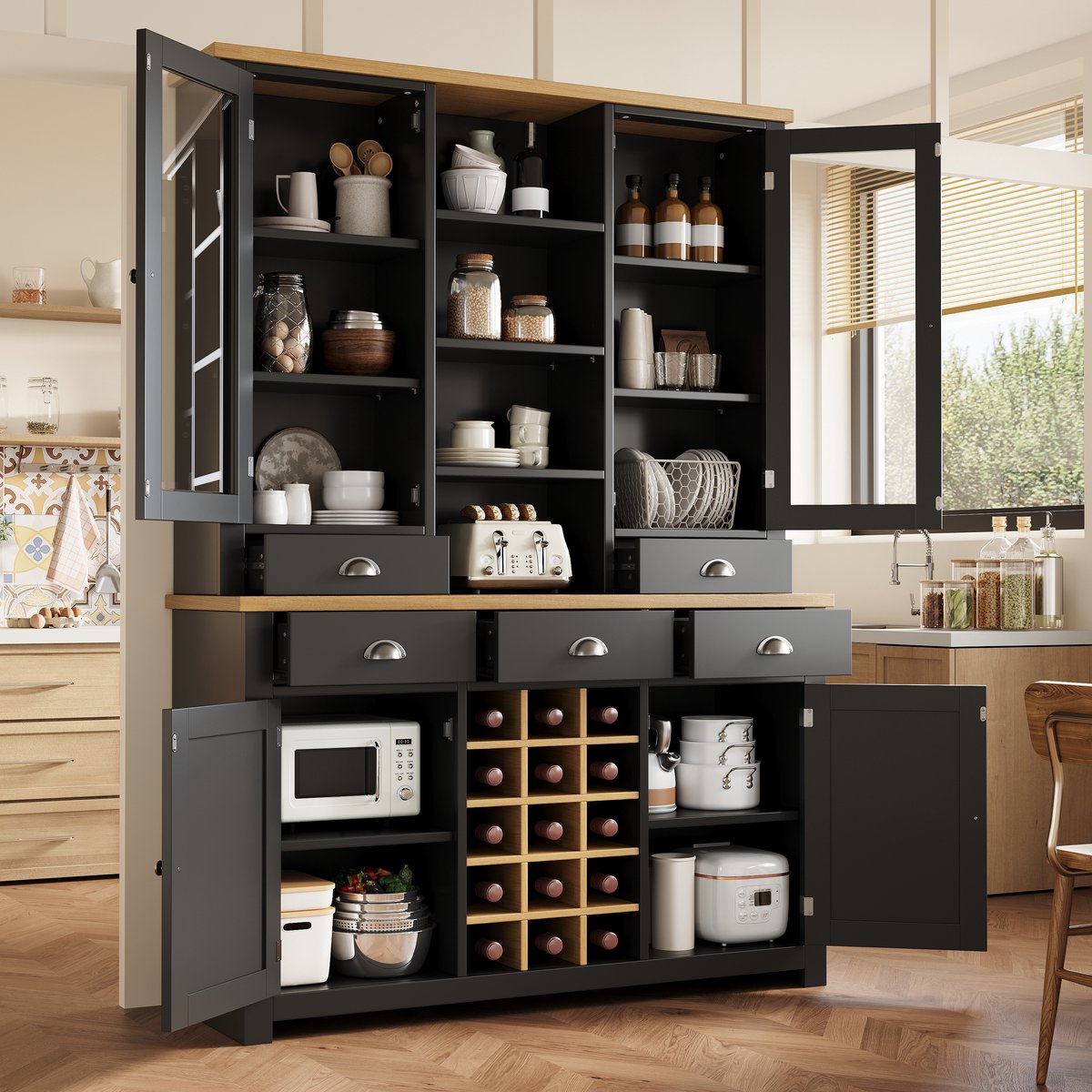 Hoge kast - met kantelbeveiliging - keukenkast - met glazen deur en softclose-functie - afneembare wijnrek - zwart