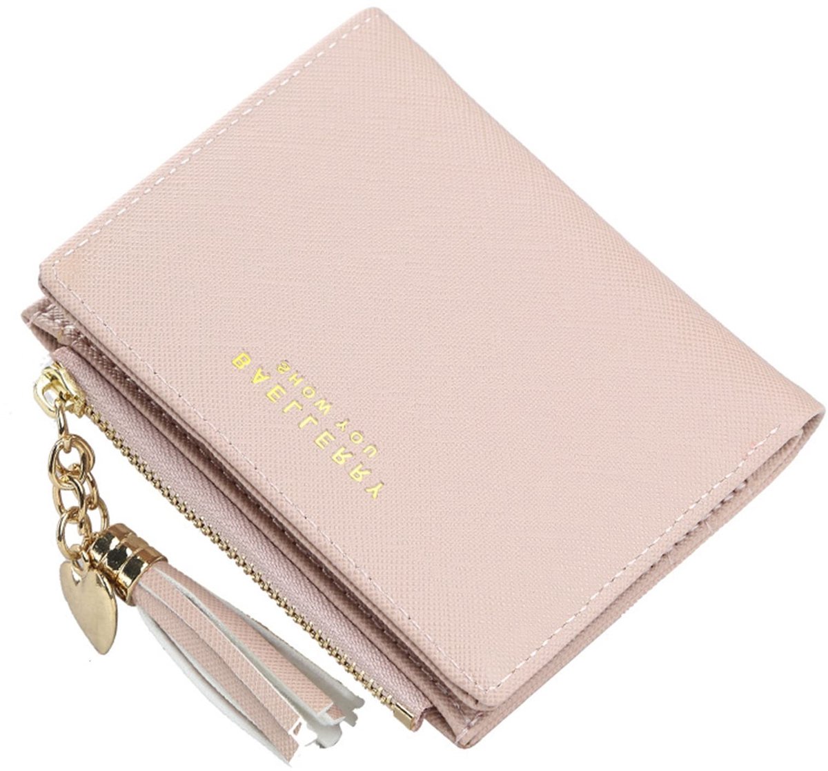Dailygoods- Portemonnee Dames Klein - Korte Portemonnee met Rits - Pasjes Houder - Hoogwaardig PU-leer - Kwastje met Hartdecoratie - Ideaal als Cadeau - Damesportemonnee