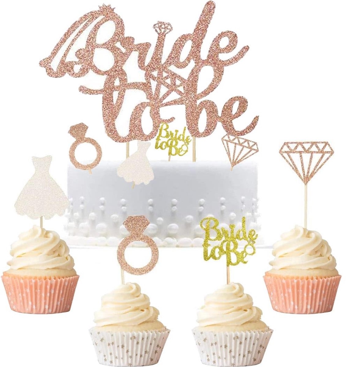 Dailygoods- Taartdecoratie bruiloft - Taarttopper bruid - Cupcake-topperset 25 stuks - Muffinvormpjes - JGA verloving decoratie - Romantische designs