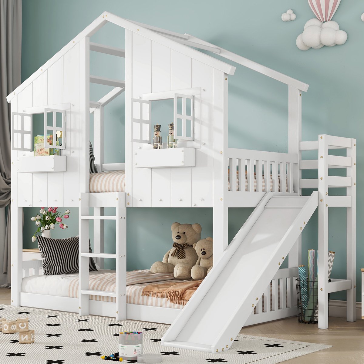 MEUNIQ stapelbed 90x200 cm met glijbaan, dak, ramen, uitvalbeveiliging en 3-treps ladder, kinderbed voor de kinderkamer, wit/naturel