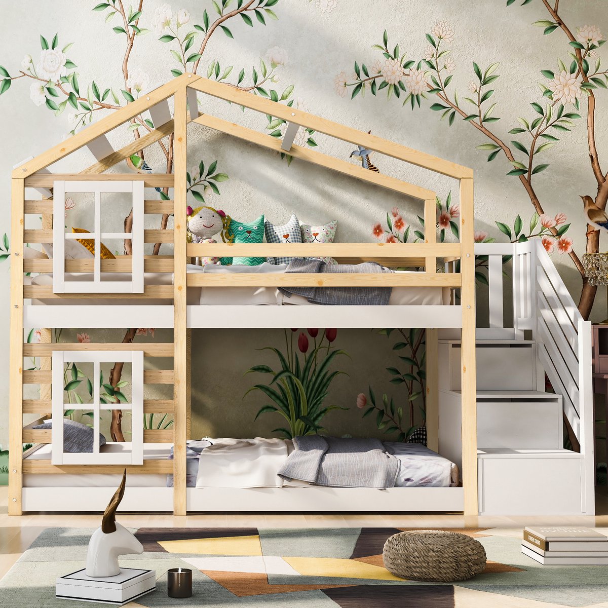 MEUNIQ stapelbed boomhut 90 x 200 cm voor kinderen met trap, opbergruimte en uitvalbeveiliging, kinderbed voor de kinderkamer in naturel en wit