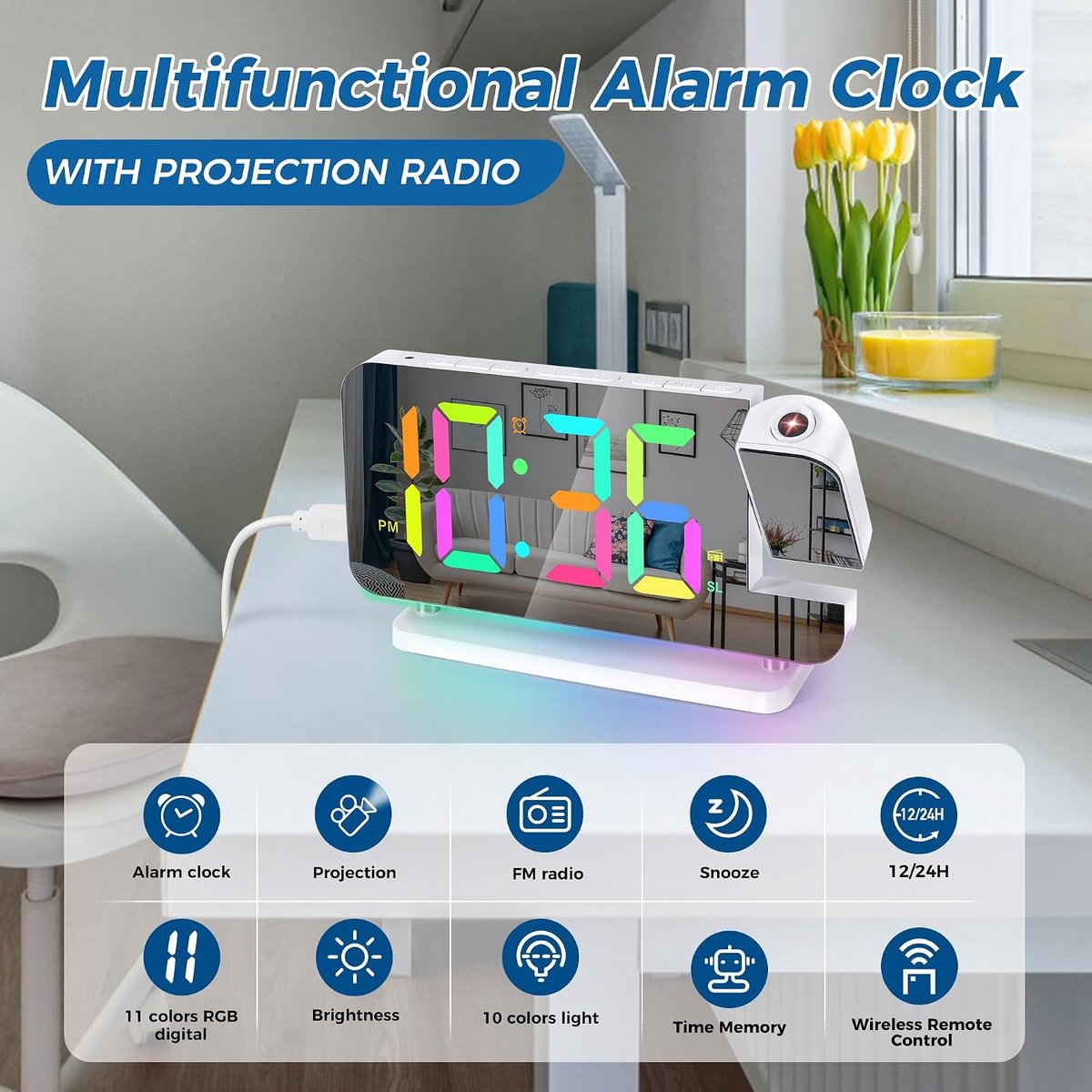 Projectiewekker met radio - Digitale klok - Wakker worden - 180° draaibare projector - 17 cm breed - Wit