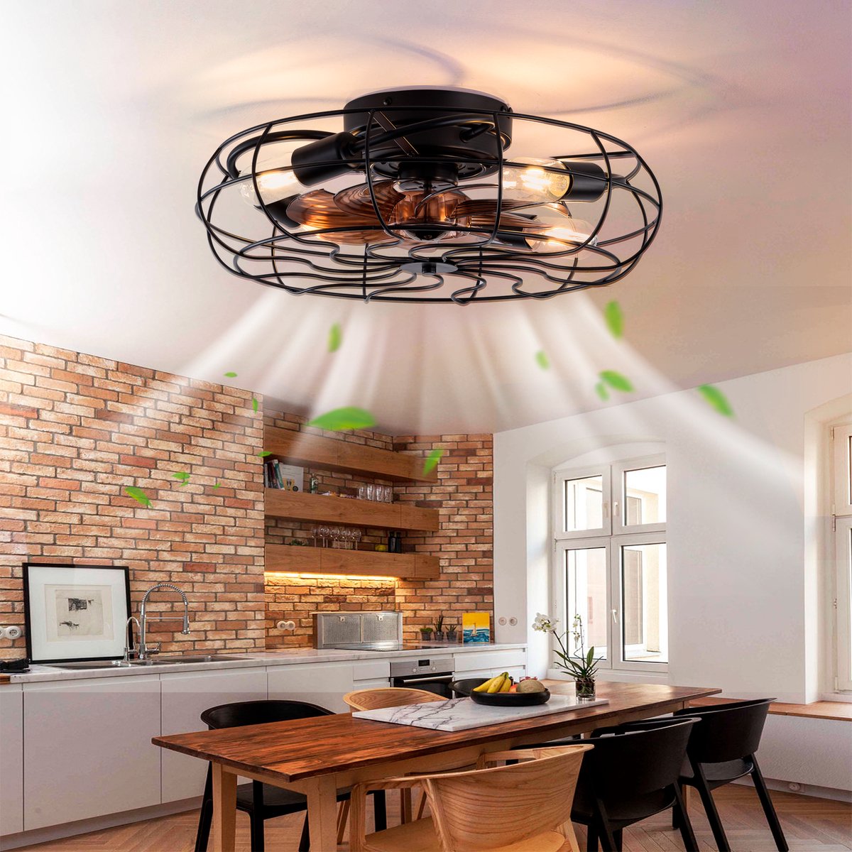 KOMHTOM - Plafondventilator - 19-inch - Laagprofiel - Met kooi en verlichting - 6-traps omkeerbare motor - Vlak gemonteerd - Industrieel - Afstandsbediening - Zwart - Boerderijstijl - Kleine ruimtes