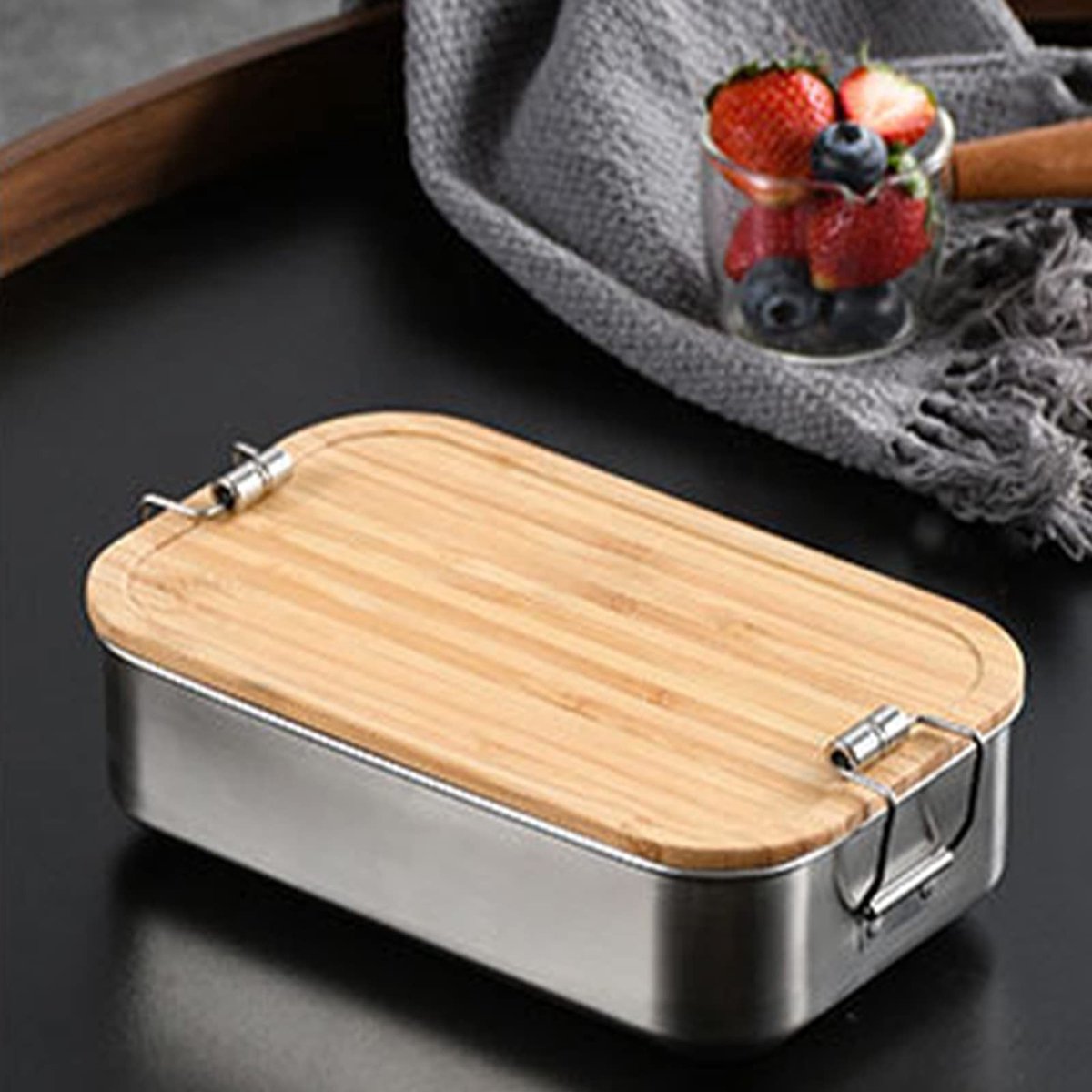 Dailygoods- Lunchbox Roestvrij Staal 800ml - Brooddoos Met Houten Deksel - BPA/Vrij - Antislip - Lekvrij - Ideaal Voor Kinderen