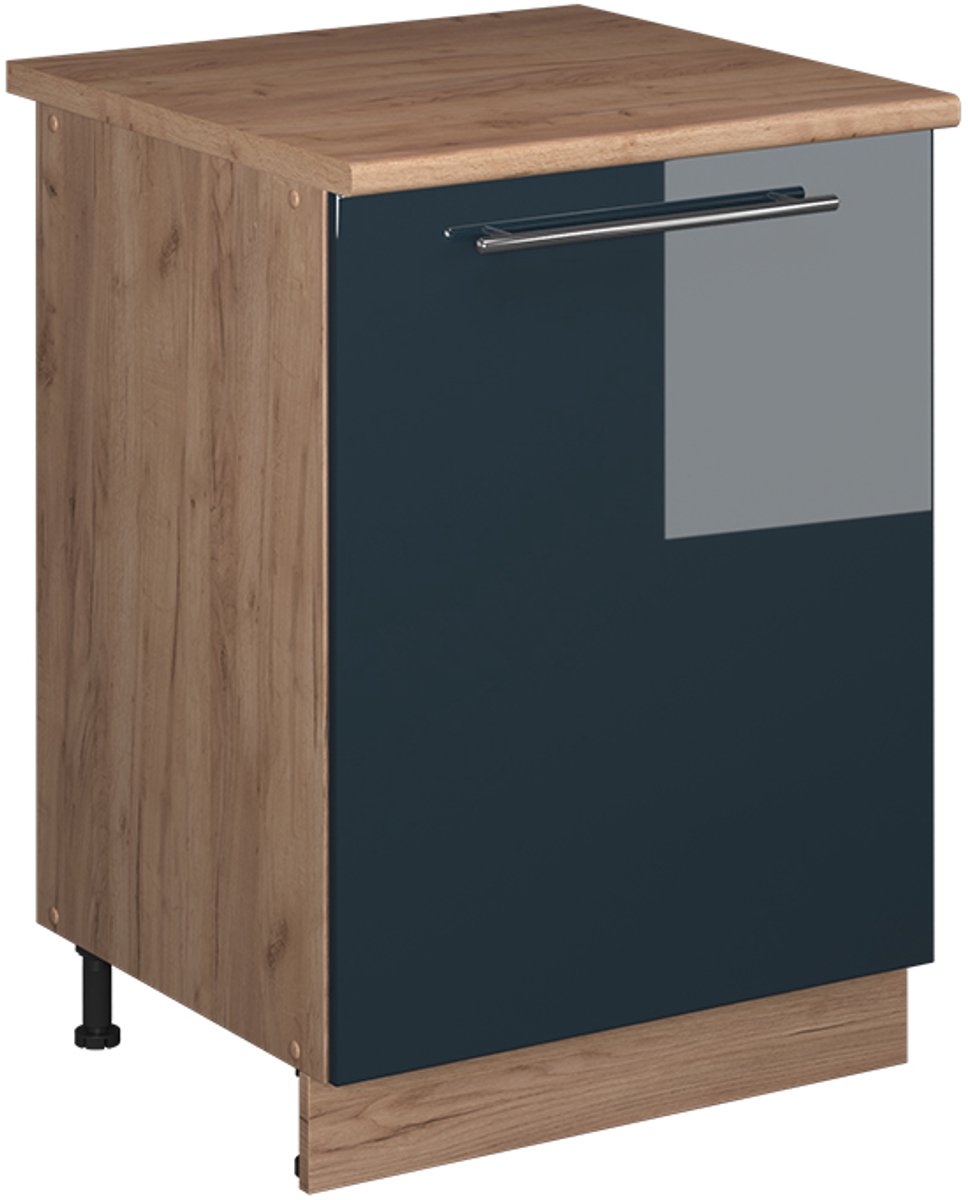 Vicco Keukenonderkast Fame-Line, Donkerblauw hoogglans/Goudkleurig Eiken, 60 cm 1 deur met werkblad