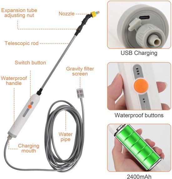 Dailygoods - Elektrische sproeistaaf, 3,7 V, elektrische plantensproeier, 4 nevelsproeiers en 5 m slang, 2 standen en oplaadbare USB, accu-drukspuit voor tuin, terras, gazon en onkruid van Dailygoods — afbeelding 5