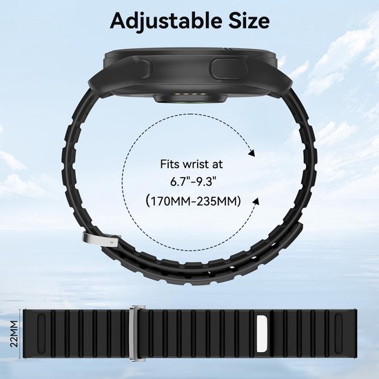 Een zwart siliconen horlogebandje van 22 mm breed, dat past om een pols van 170-235 mm (6,7-9,3 inch).