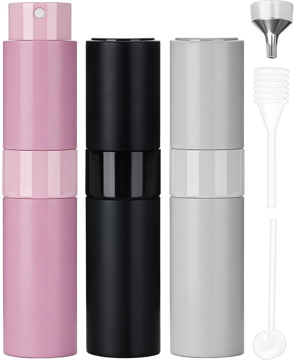 Dailygoods - 8ml Hervulbare Parfumverstuiver Set (3 Stuks) - Parfum Spray Fles met Glazen Binnenfles - Lekvrij Navulbare Reisverstuiver voor Parfum en Aftershave - Zwart, Roze & Zilver