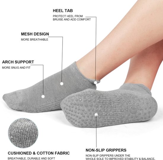 Dailygoods- Yoga Sokken Antislip - 4 Paar Dames - Grip Sokken - Pilates Sokken - Ademend - Voetboog Ondersteuning - Zwart/Grijs van Dailygoods — afbeelding 3