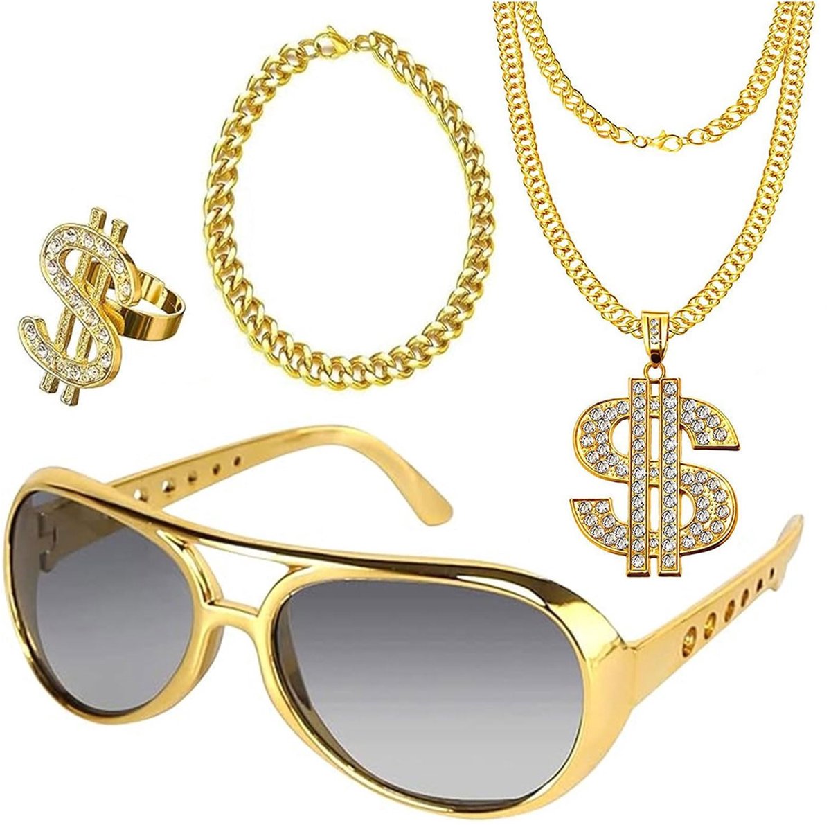 aladdien - 4-delige dollar-kettingset - Pooierkostuum - Jaren 80 en 90 outfit - Large - Hiphop-kostuum - Themafeest - Carnaval