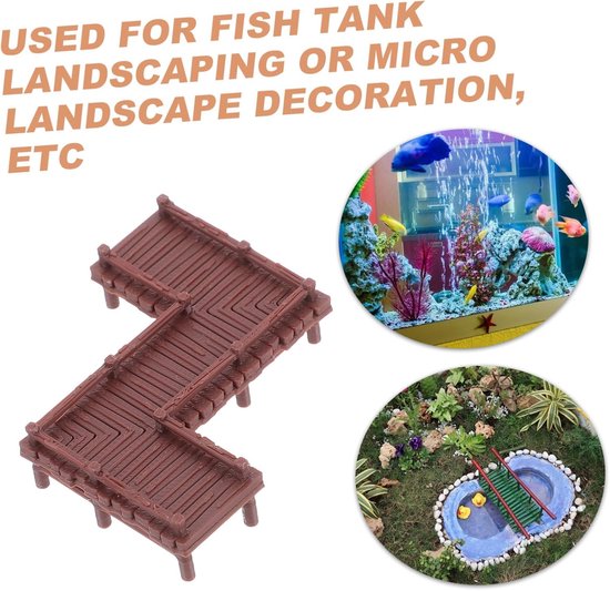 Bruine miniatuur houten loopbrug, geschikt voor aquaria of miniatuurlandschappen. Tekst: Gebruikt voor aquaria.