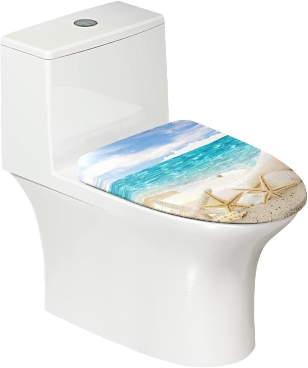 Toiletzitting Decoratie - Toiletdekselhoes - Badkamer Decoratie - Universele Pasvorm - Verstelbaar - Zee Strand Blauw