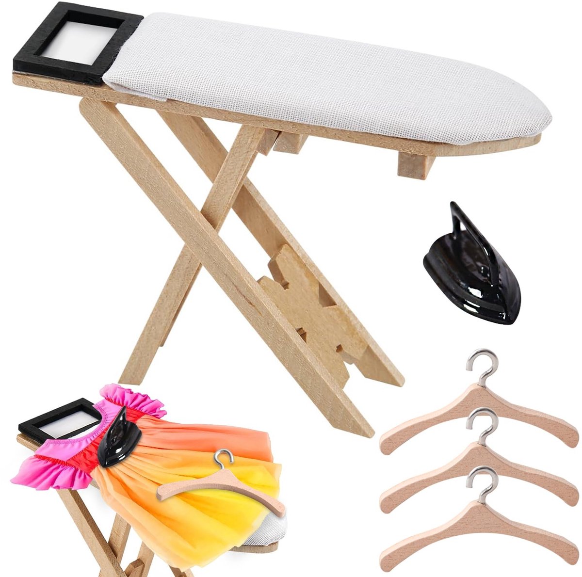 Dailygoods- Miniatuur Strijkijzer Set - Miniatuur Strijkplank - Houten Hangers - Poppenhuis Accessoires - Kabouteraccessoires - Inklapfunctie - Poppenhuisaccessoires