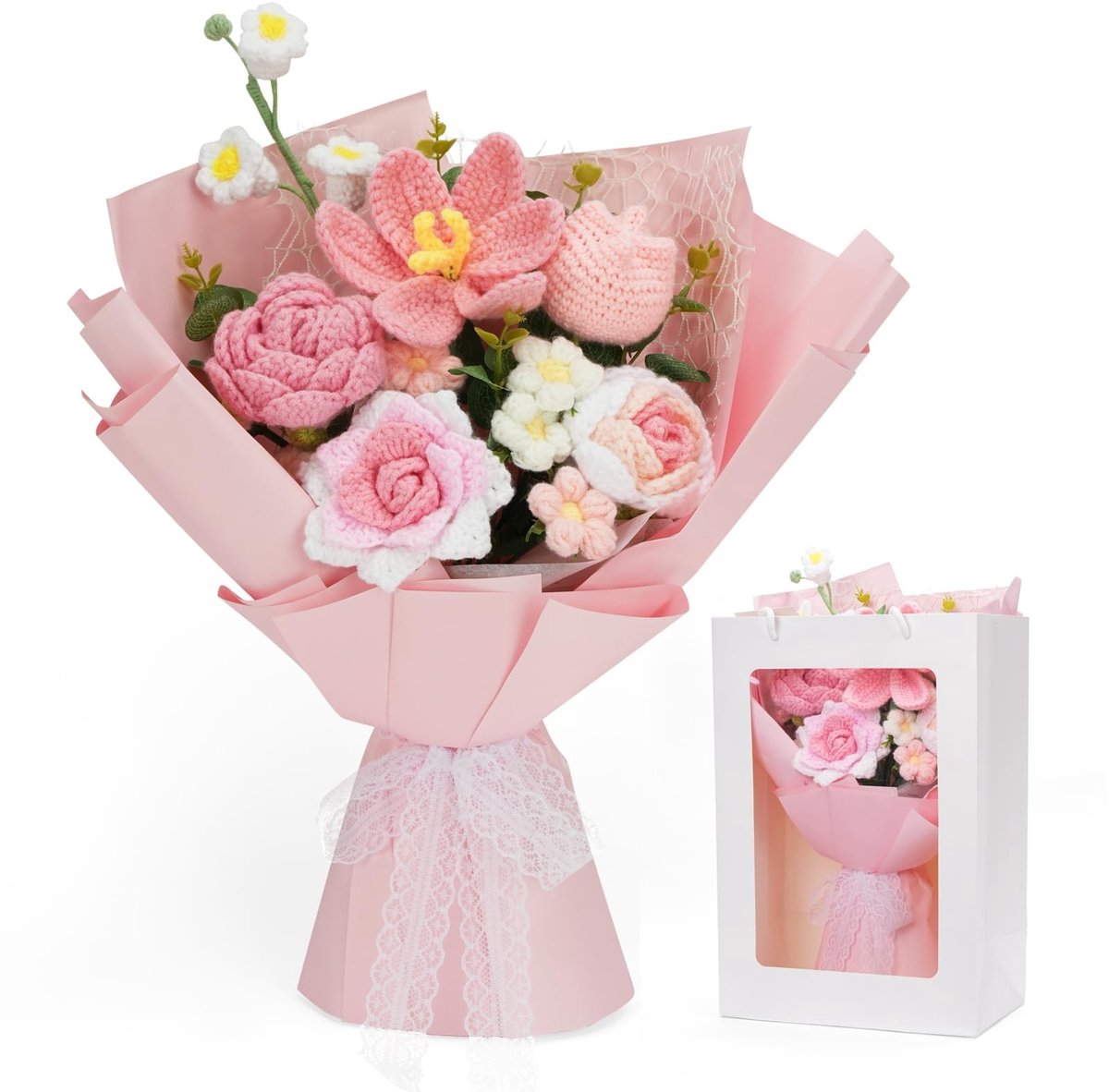 Dailygoods- Gehaakte Bloemen Boeket Handgemaakt - Kunstbloemen - Kunstboeket - Decoratie voor Huis - Cadeau voor Verjaardag - Uniek Geschenk met Wenskaart