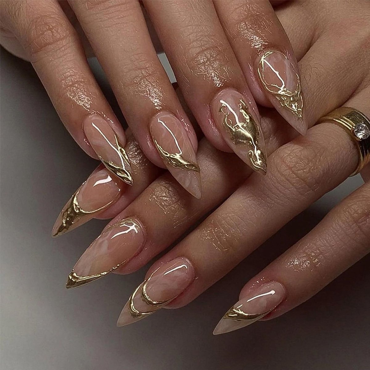Dailygoods - 24 Stuks Franse Tip Press-On Kunstnagels met Gouden Lijnen