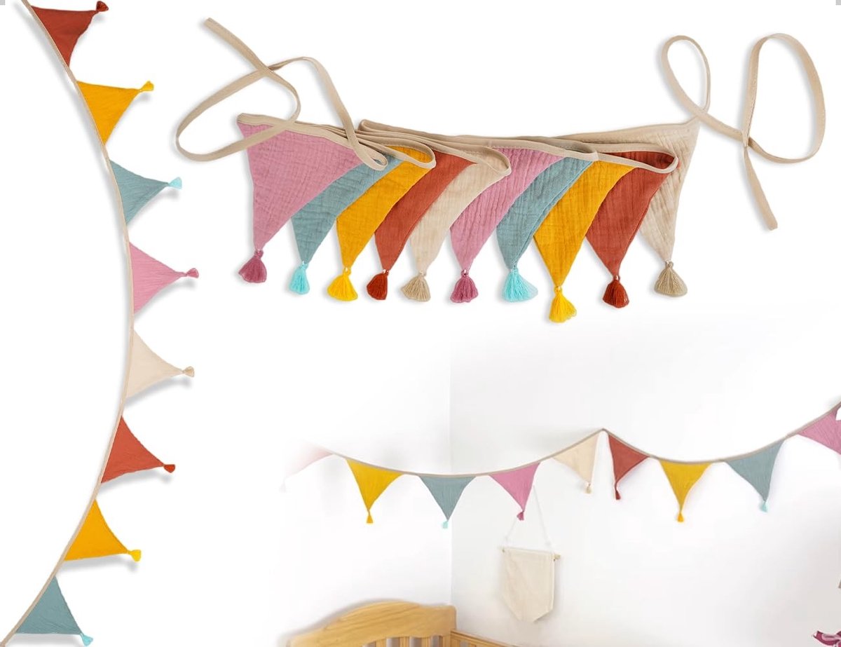 Dailygoods- Slinger van mousseline - Decoratie voor kinderen - Wimpel met kwastjes - Voor buiten - Ideaal voor bedden/wiegjes - Zacht katoen/polyester