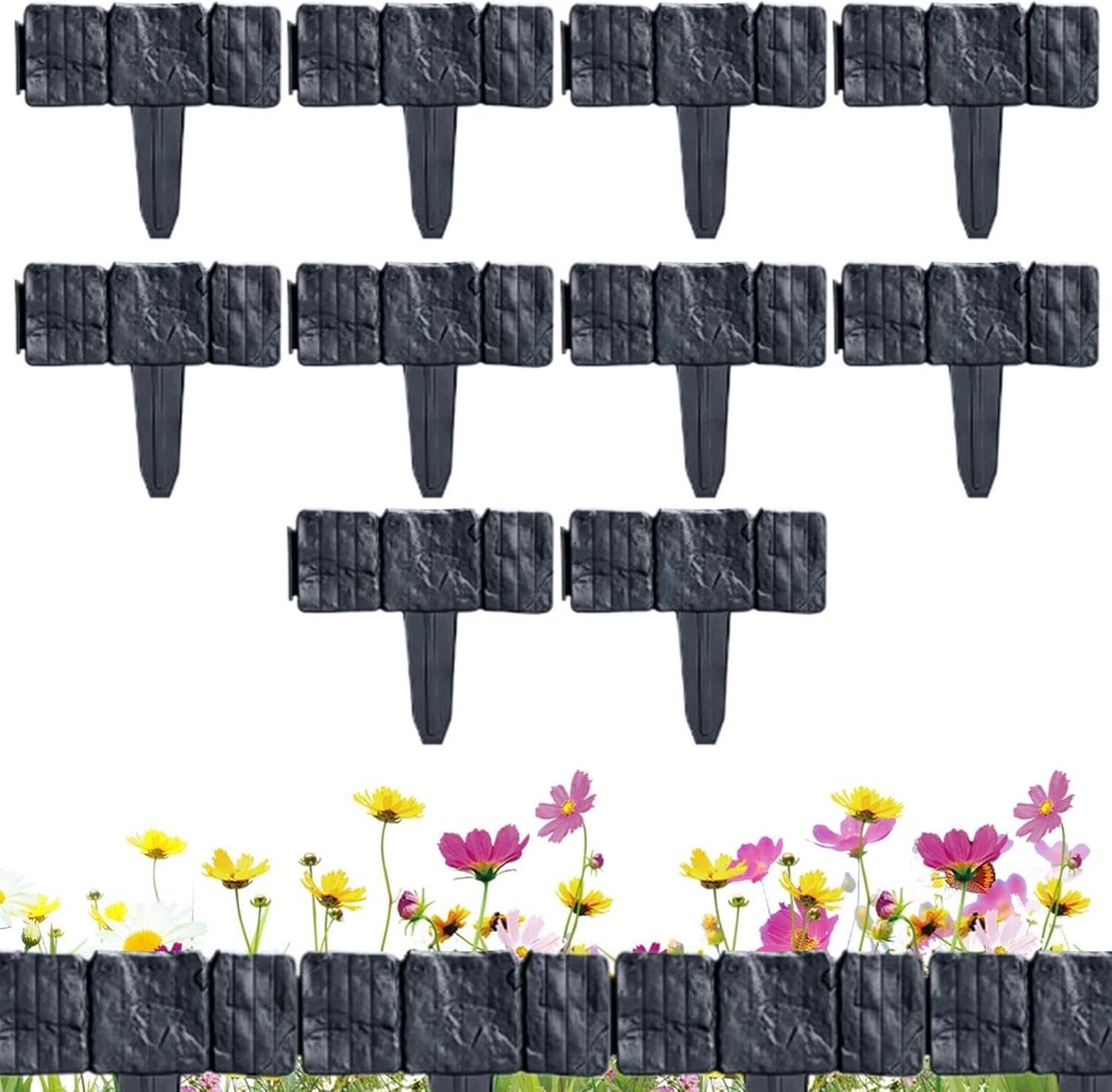 Tuinafscheiding Imitatiesteen - Decoratieve Border - Gazonrand Creëren - Gereedschapsloze Installatie - 10 Stuks - Zwart