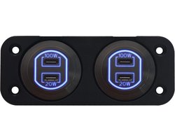 ProRide 12-24V USB C Autolader 2 Poorten Inbouw - 100W+20W - Tweevoudig Paneel - Blauw - 2 Stuks