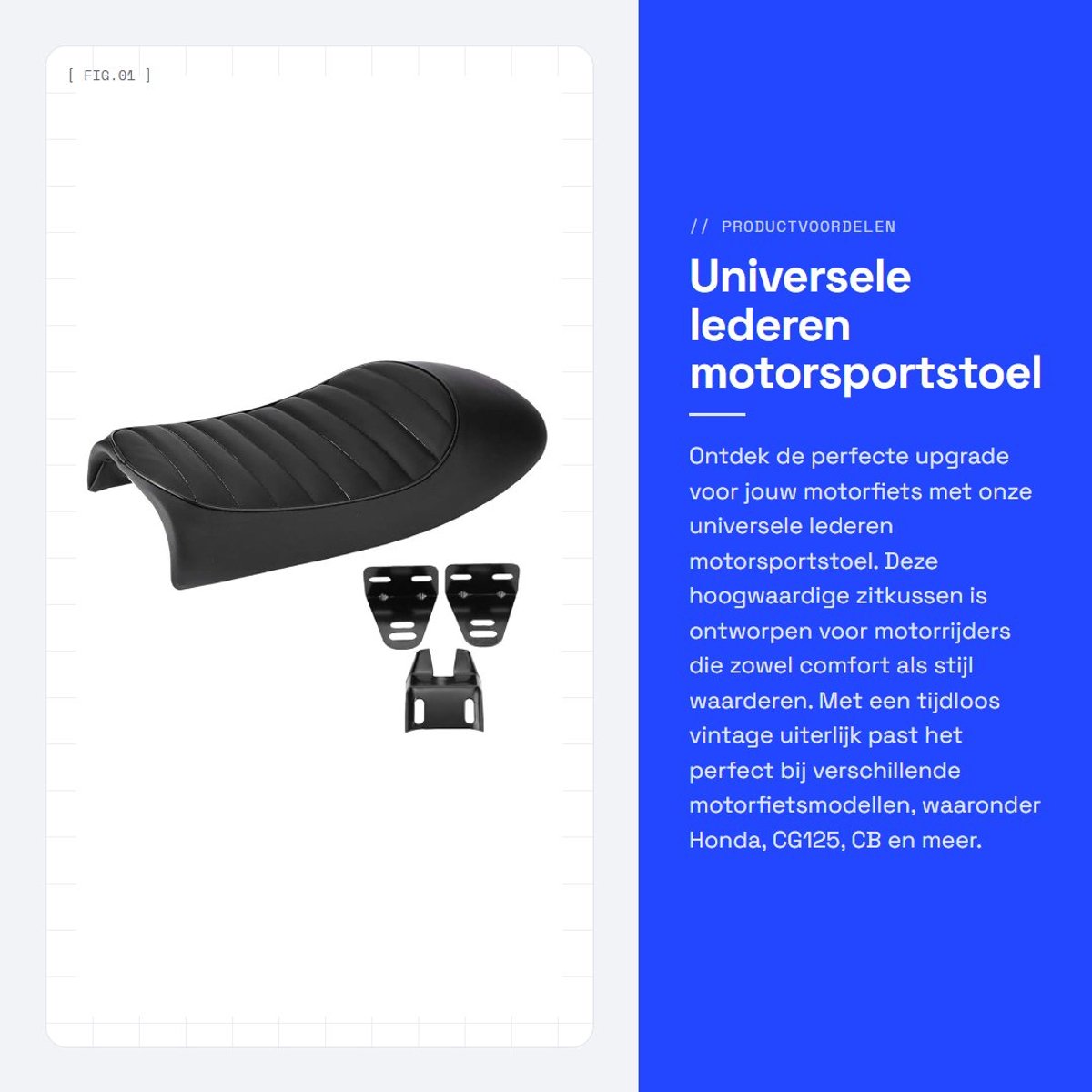 Dailygoods- Motorsportstoel PU-leer - Motorzadel - Universeel - Montagebeugels - Vintage stijl - Totale lengte 53 cm