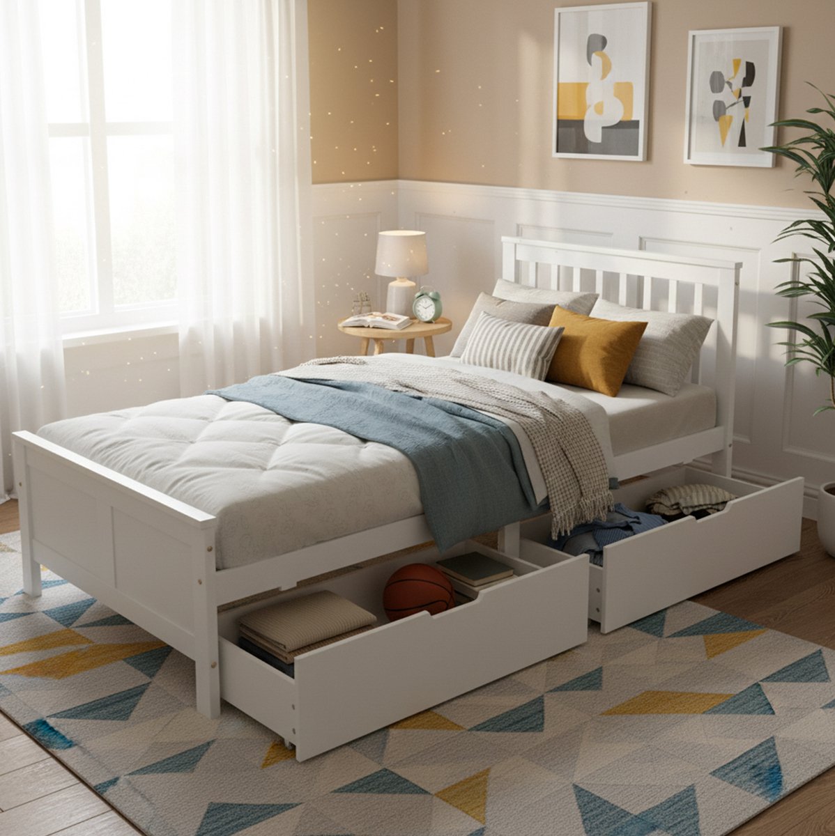 MEUNIQ eenpersoons bed 90x200 cm met 2 opberglades, houten bedframe met lattenbodem en hoofdbord, wit, slaapkamerbed voor jeugd- en volwassenenkamer