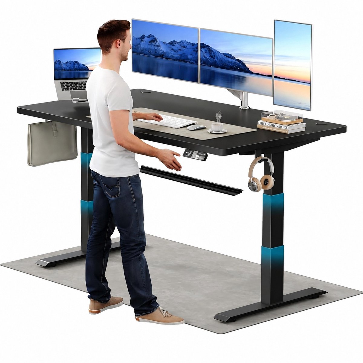 Devoko Elektrisch Zit-Sta Bureau 180x80 cm - Elektrisch Verstelbaar Bureau - In Hoogte Verstelbaar 63-128 cm - 25 mm FSC Tafelblad - Dubbele Motor - 125 kg - Zwart