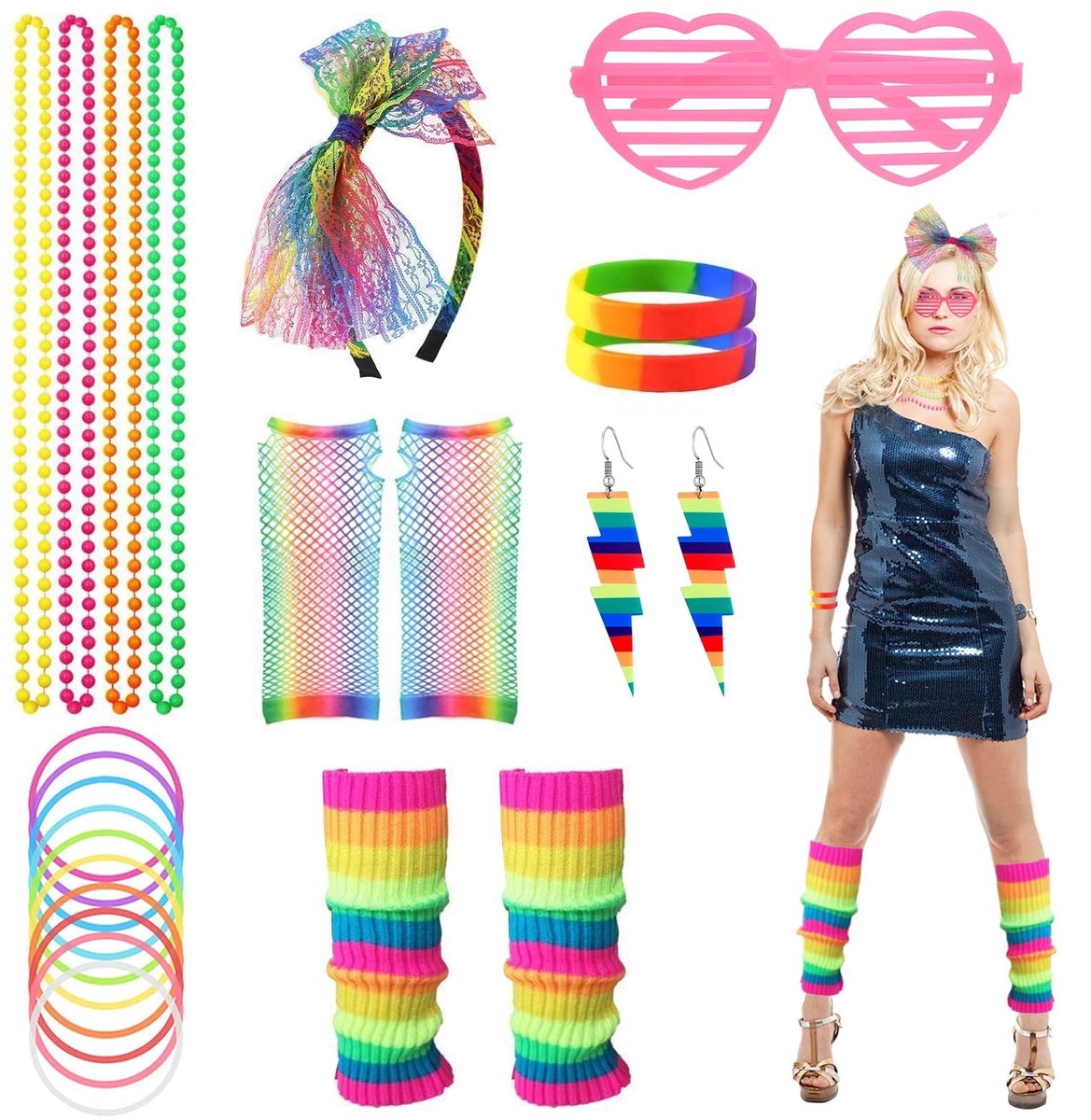 Dailygoods- Kostuumaccessoires 21-delig - Jaren 80 Outfit - Neon Accessoires - Nethandschoenen/Hoofdband - Beenwarmers/Ketting - Schitterend Design - Feestaccessoires