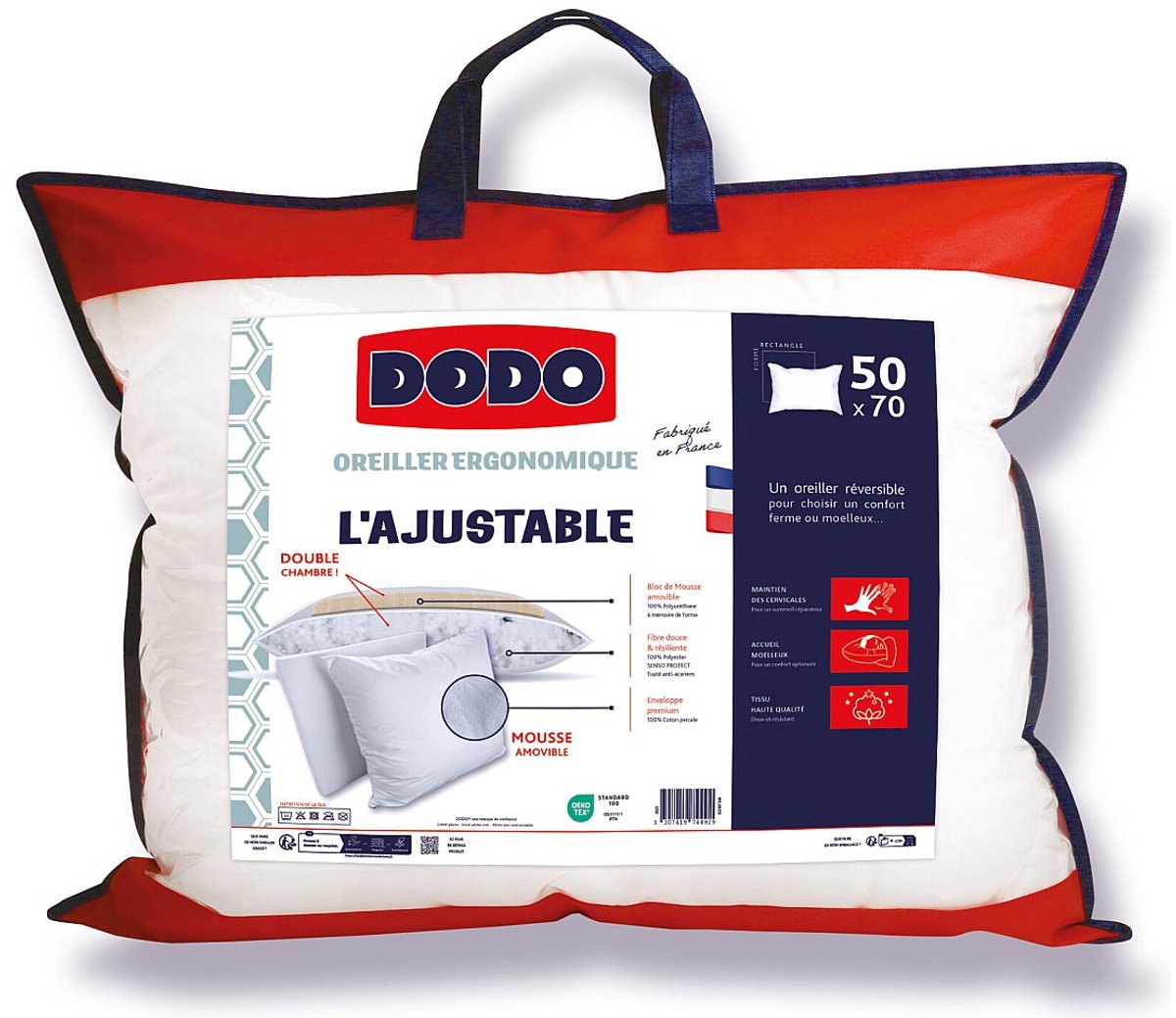 DODO Ergonomisch hoofdkussen DODO met anti-mijtbehandeling en traagschuim - 50x70cm - CŒUR ADAPT L 70 cm x H 15 cm x D 50 cm