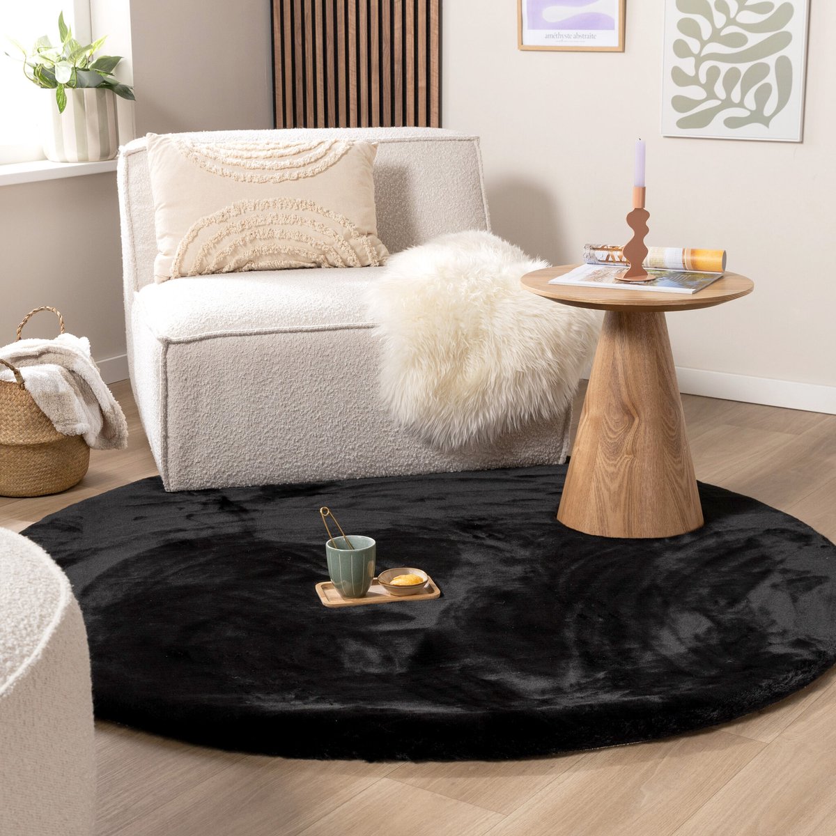 NATURL. Rond Hoogpolig vloerkleed - Comfy Supreme Zwart - Ø 230cm