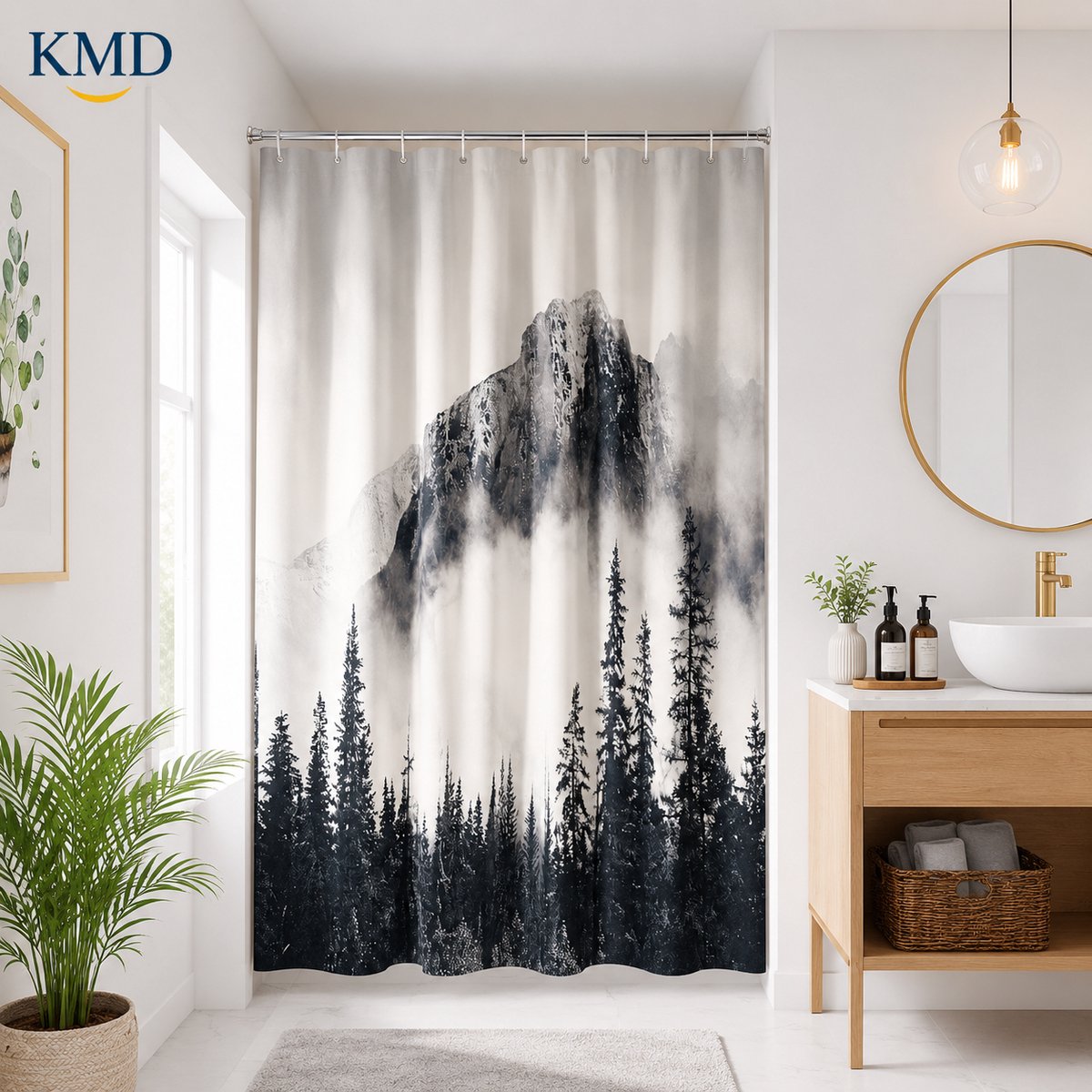 KMD Smal douchegordijn van textiel waterdicht wasbaar met 8 metalen ringen, 120 x 200 cm - Natuurlandschap bergen en bos