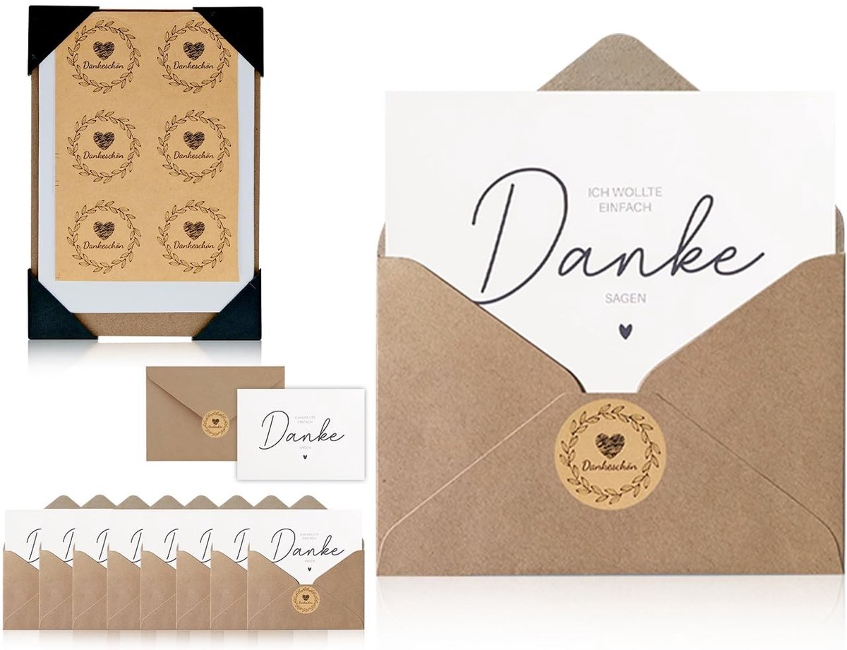 Dailygoods- Bedankkaarten Set van 10 - Wenskaarten Blanco - Enveloppen Kraftpapier - Bedankstickers - Beschermhoeken - Hoge Kwaliteit