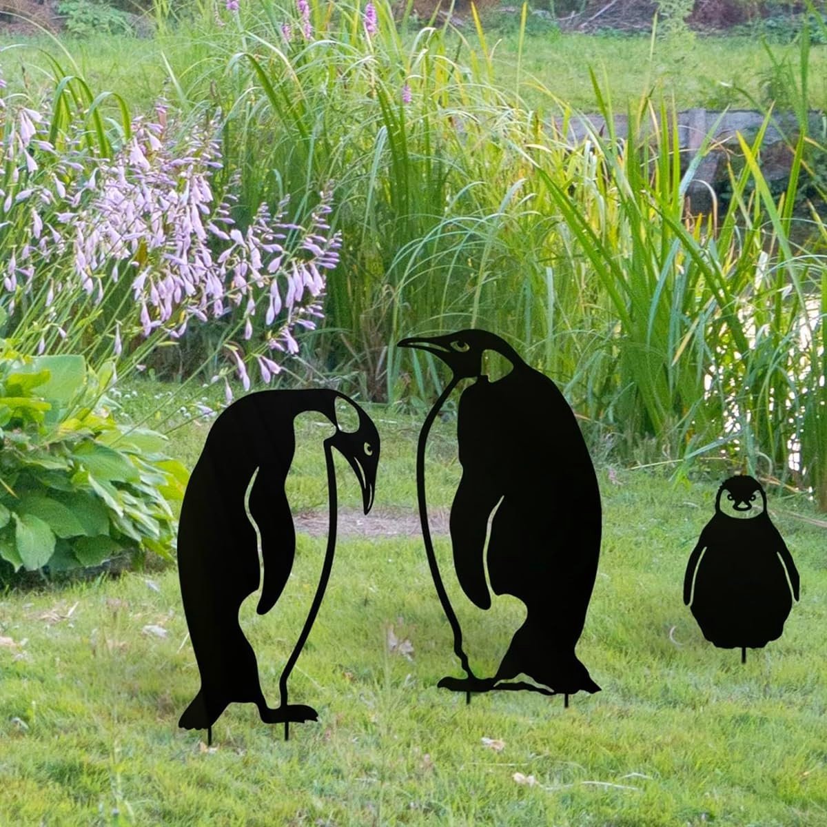 Dailygoods- Tuinornament Pinguïn - 3 Stuks - Metalen Beelden - Tuindecoratie voor Buiten - Gazonornamenten - Duurzaam en Weerbestendig