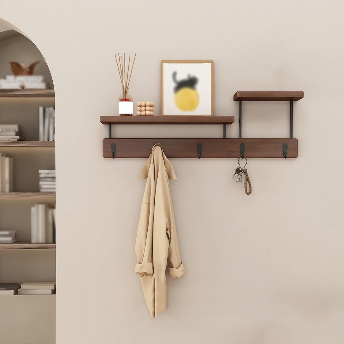 Houten Kapstok Plank - Wand Organizer - Hal Inrichting - Met 6 Haken - N.v.t. - Walnoot
