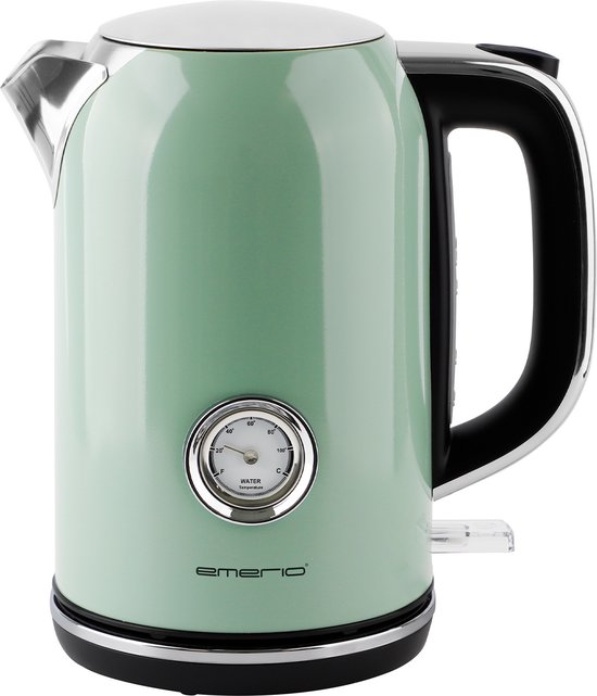 Pastelgroene waterkoker met zilveren accenten, zwarte handgreep en ingebouwde thermometer.