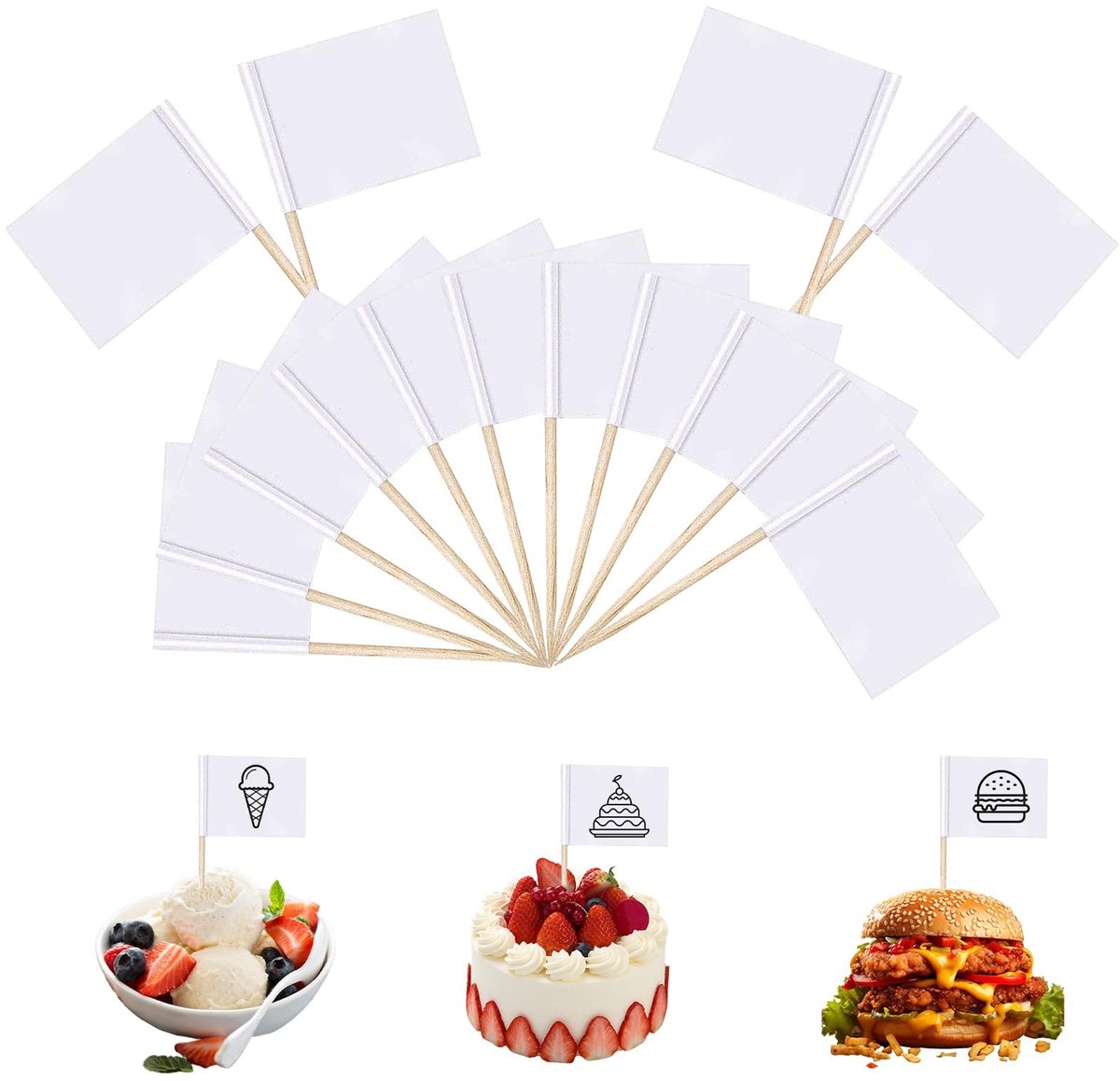 Dailygoods - CHENYU 300 stuks witte tandenstokers, vlaggetjes, schrijven en schilderen, doe-het-zelf cocktail-tandenstokers, buffet, borden, party, kaas, hamburger, herbruikbare vlaggetjes om te beschrijven