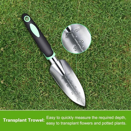 3-delige Tuingereedschapset - Tuingereedschap - Tuingereedschapset voor binnen en buiten - Met zacht rubber - Antislip - Ergonomische handgreep - Geschikt voor tuinieren, planten, potten, wieden, grond losmaken - Groen van Hoffmans — afbeelding 4