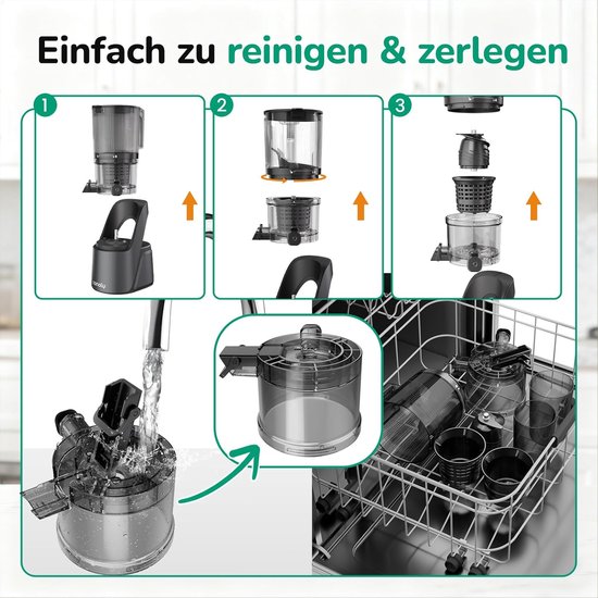 Canoly Slowjuicer 150 mm XXL Vulopening - 3-in-1 Sapcentrifuge voor Sap, Sorbet & Notenmelk - Koud Persen - 2,6L - BPA-vrij - Stille AC Motor - 99,6% Sapopbrengst van Canoly — afbeelding 4