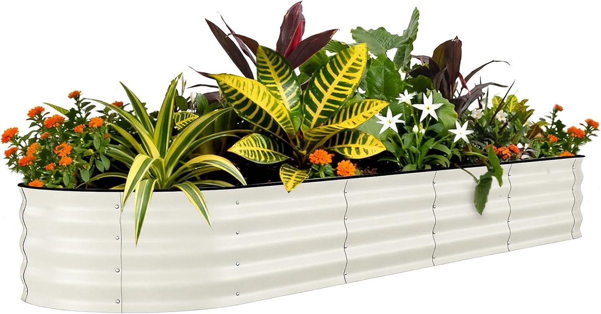 Gegalvaniseerde Verhoogde Moestuinbak - 180 x 90 x 60 cm - Beige - Metalen Plantenbak Moestuinbed met Open Bodem - Met Randbescherming en Handschoenen